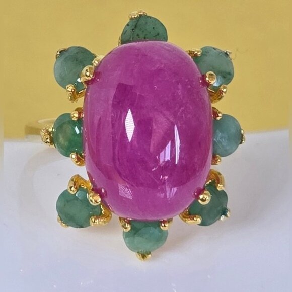925 Sterling Silver Ring Sz 6.5 with Natural Oval Ruby 16x11mm & Emerald Gems - Picture 1 of 13